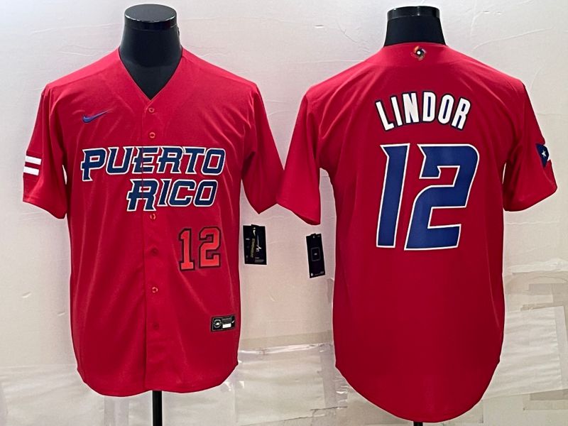 Men 2023 World Cub 12 Lindor Red Nike MLB Jersey1